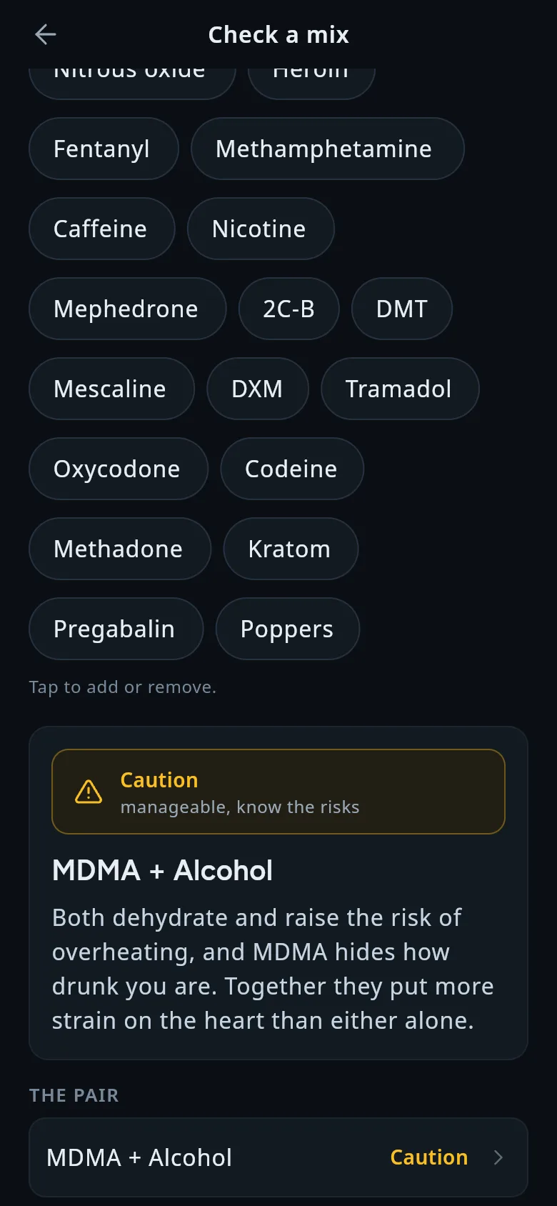 The mix check with MDMA and alcohol chosen. The pair is rated Caution, manageable if the risks are known: both dehydrate and raise the risk of overheating, MDMA hides how drunk you are, and together they put more strain on the heart than either alone.